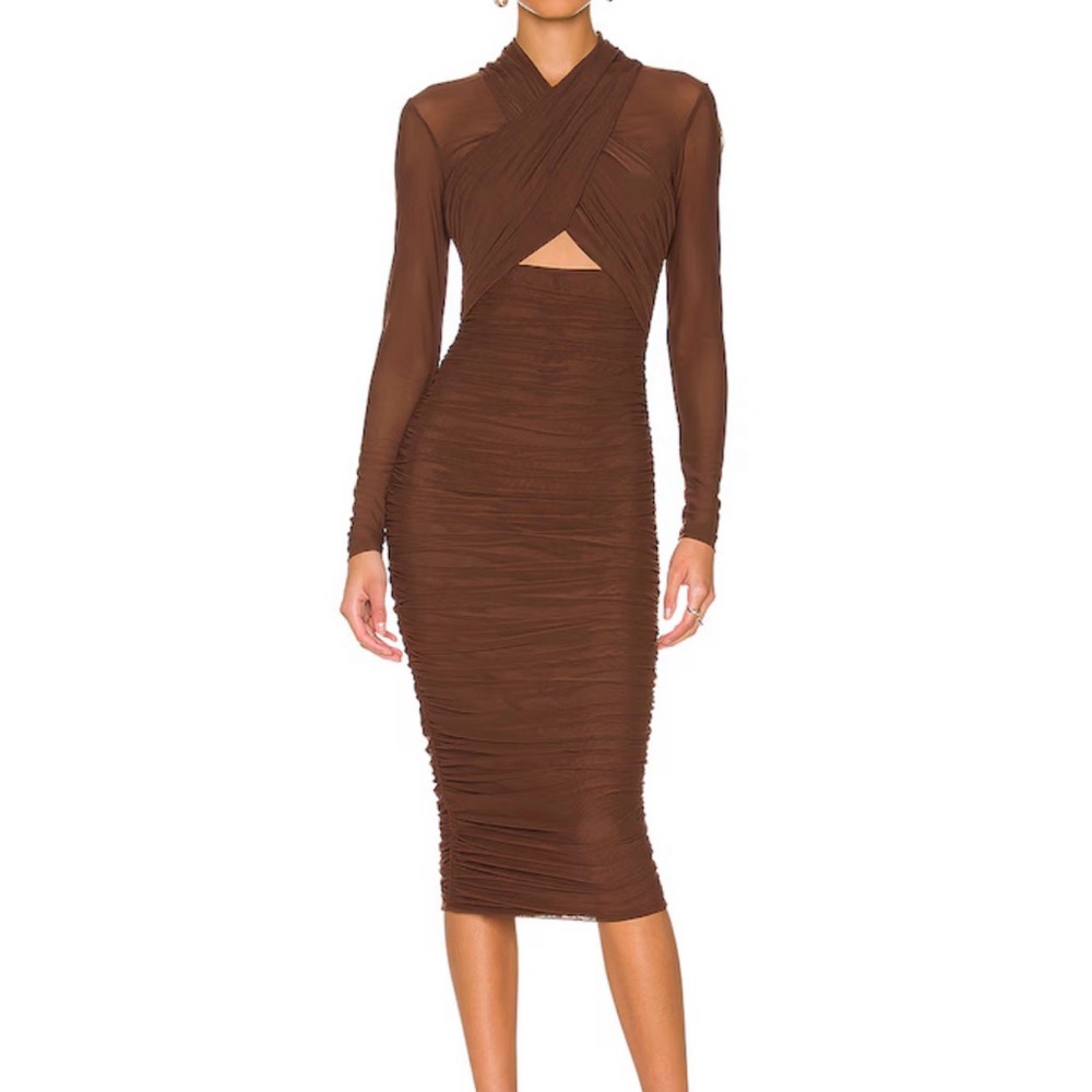 REVOLVE  NWT BARDOT Brown Ruched Long-Sleeve Midi Dress with Twist Front